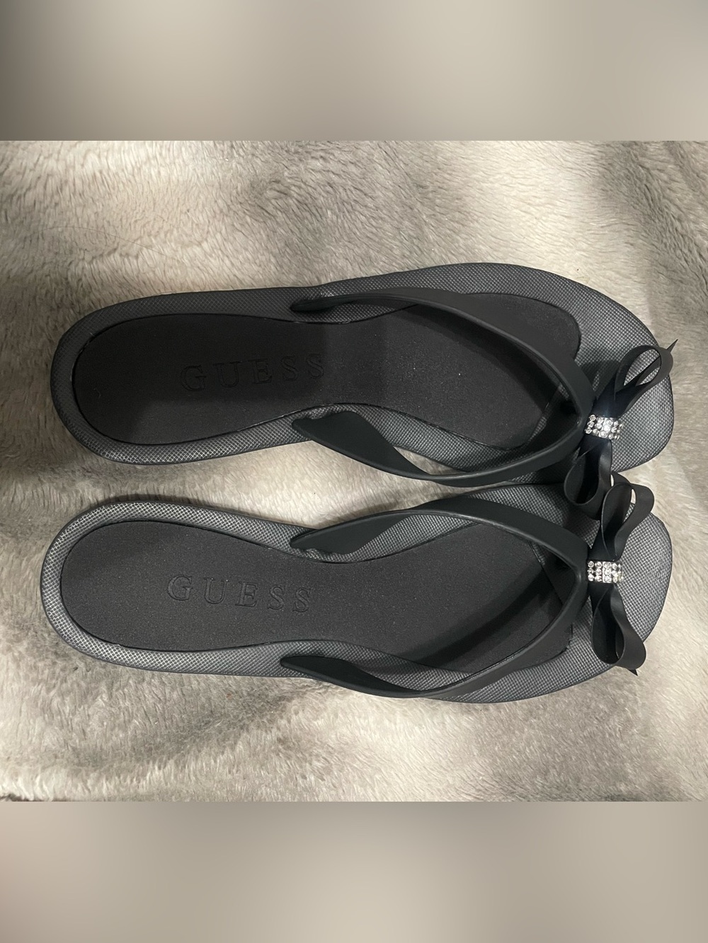 GUESS Black Bow Flip Flop Sandals with Rhinestone Accent